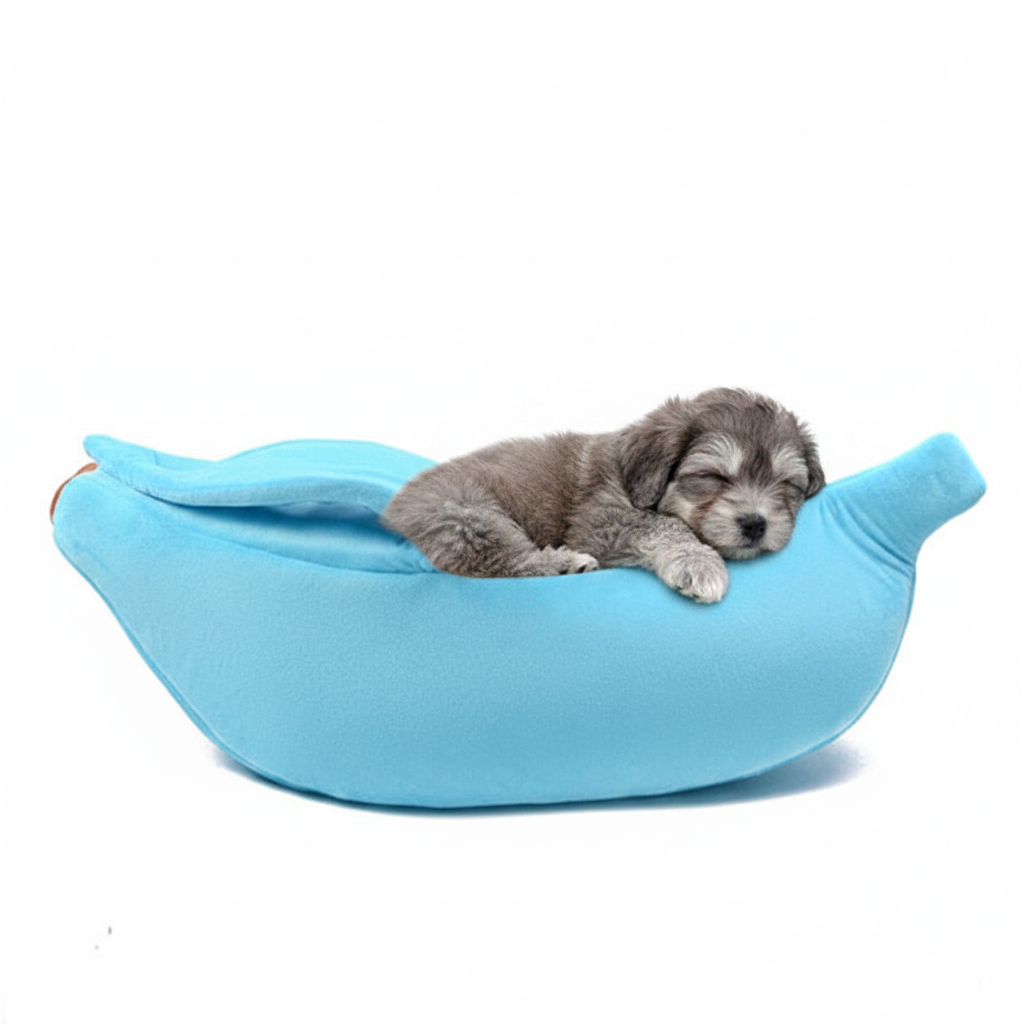 Blue banana-shaped plush pet bed with sleeping puppy inside