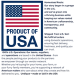 Product of USA label with American flag and homestead roots story text