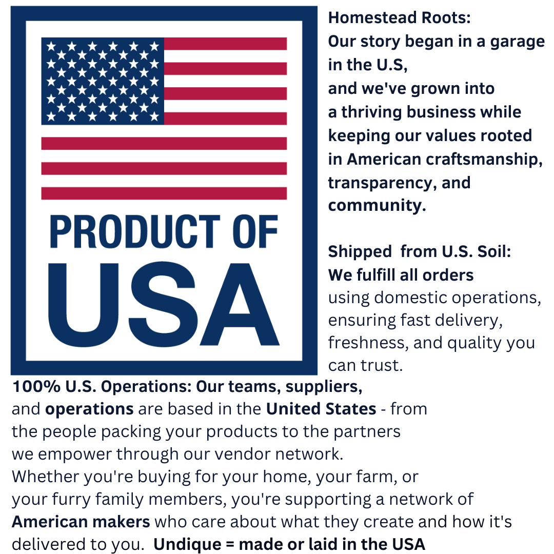 Product of USA label with American flag and homestead roots story text