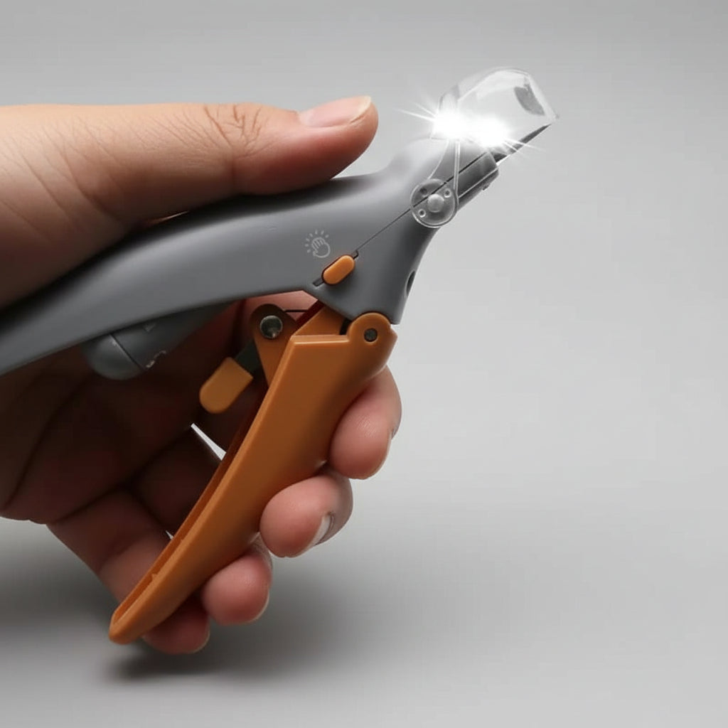Pet nail clipper scissors with gray handle and orange safety guard, close-up
