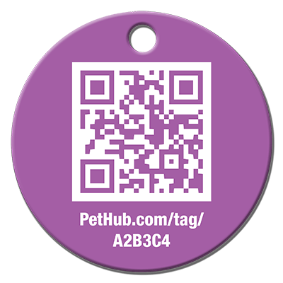 Purple round QR pet ID tag with PetHub.com/tag/A2B3C4