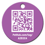 Purple round QR pet ID tag with PetHub.com/tag/A2B3C4