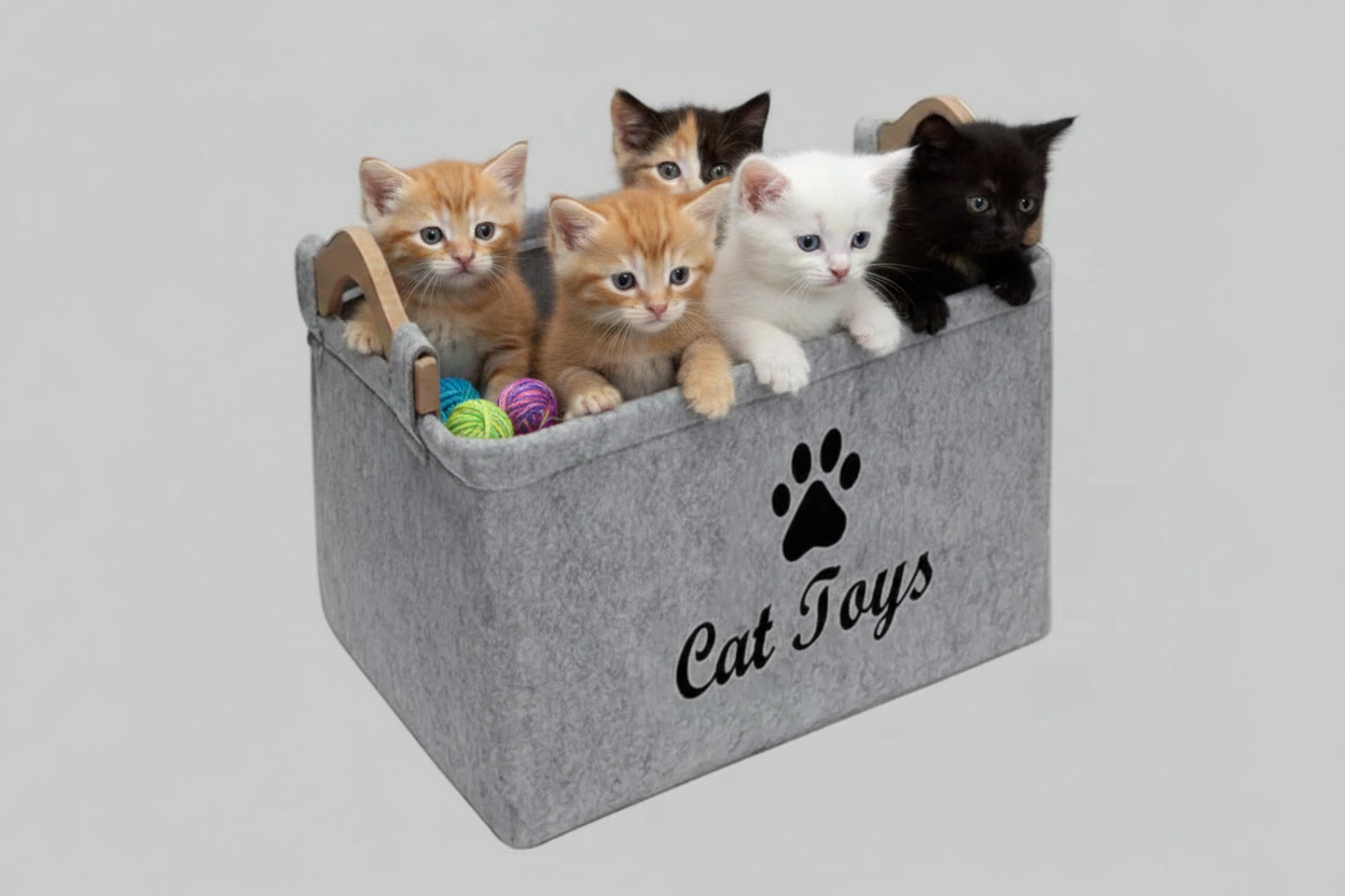 Light grey felt storage basket with paw-print logo and handles, holding cat toys