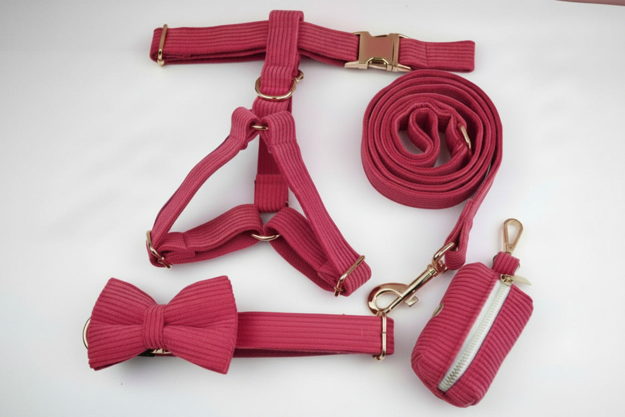 Red corduroy harness, leash, bowtie and poop bag holder set with gold clips