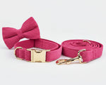 Red corduroy bowtie collar with matching leash and gold hardware