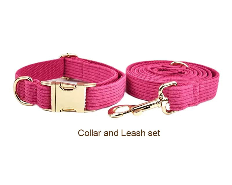 Pink corduroy collar and matching leash set with gold-tone buckles