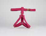 Pink corduroy dog harness with metal rings and front clasp