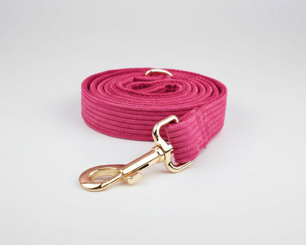 Pink corduroy leash with gold-tone clip and swivel hardware