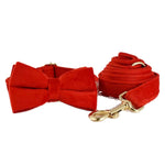 Red velvet bowtie with coiled leash and gold clasp, plush red fabric set