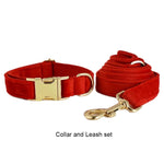 Red velvet dog collar with matching coiled leash and gold hardware