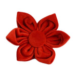 Red velvet dog flower accessory with layered petals and round center rosette