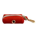 Red velvet leash attachment pouch with gold clip and round metal ring detail