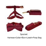 Burgundy velvet harness-collar-bow-leash-poop-bag set with gold-tone hardware