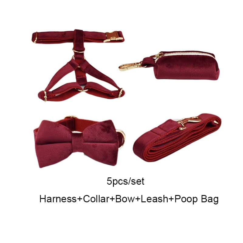 Burgundy velvet harness-collar-bow-leash-poop-bag set with gold-tone hardware