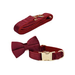 Burgundy velvet dog collar with bow tie and gold-tone buckle