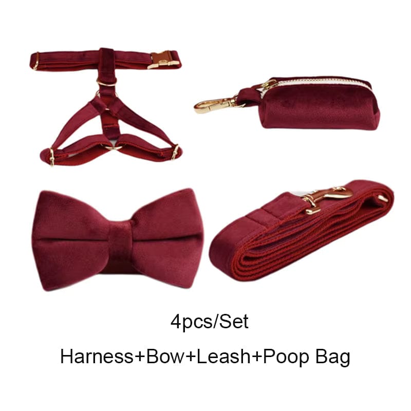 Burgundy velvet dog harness-bow-leash-poop-bag set with gold-tone hardware