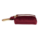 Burgundy velvet poop bag holder with zipper and gold-tone clip