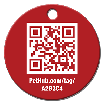 Red round QR pet ID tag with PetHub.com/tag/A2B3C4