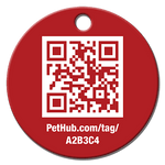 Red round QR pet ID tag with PetHub.com/tag/A2B3C4