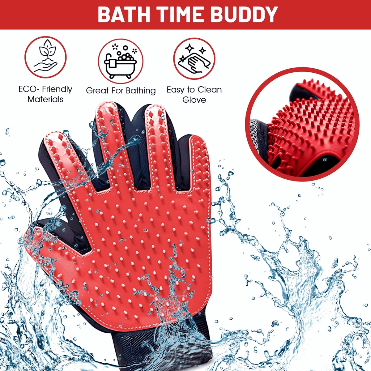 Red silicone bath grooming glove with raised nubs, shown with water splashes