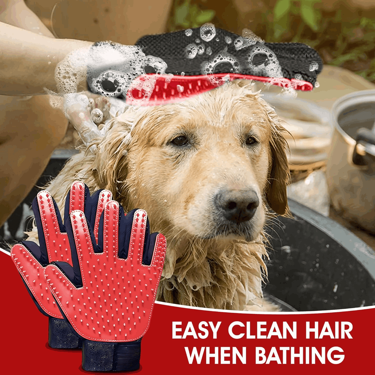 Red silicone pet grooming glove with blue cuff and raised nubs for fur removal