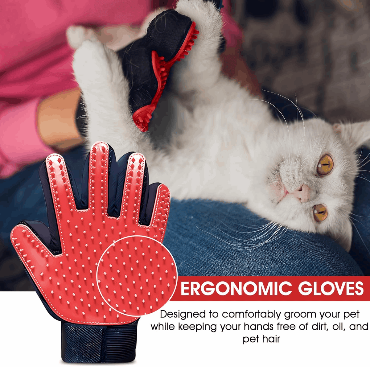 Red silicone grooming glove with blue cuff and fingertip nubs for fur removal