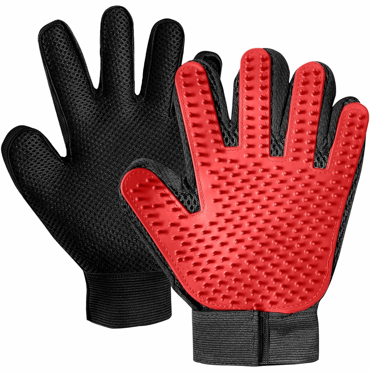Pair of pet grooming gloves: black and red silicone with raised hair-removal nubs