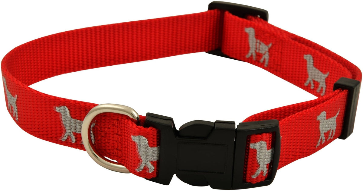 Red reflective nylon dog collar with dog silhouette accents, black buckle