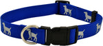 Blue reflective nylon dog collar with dog silhouette accents and black buckle