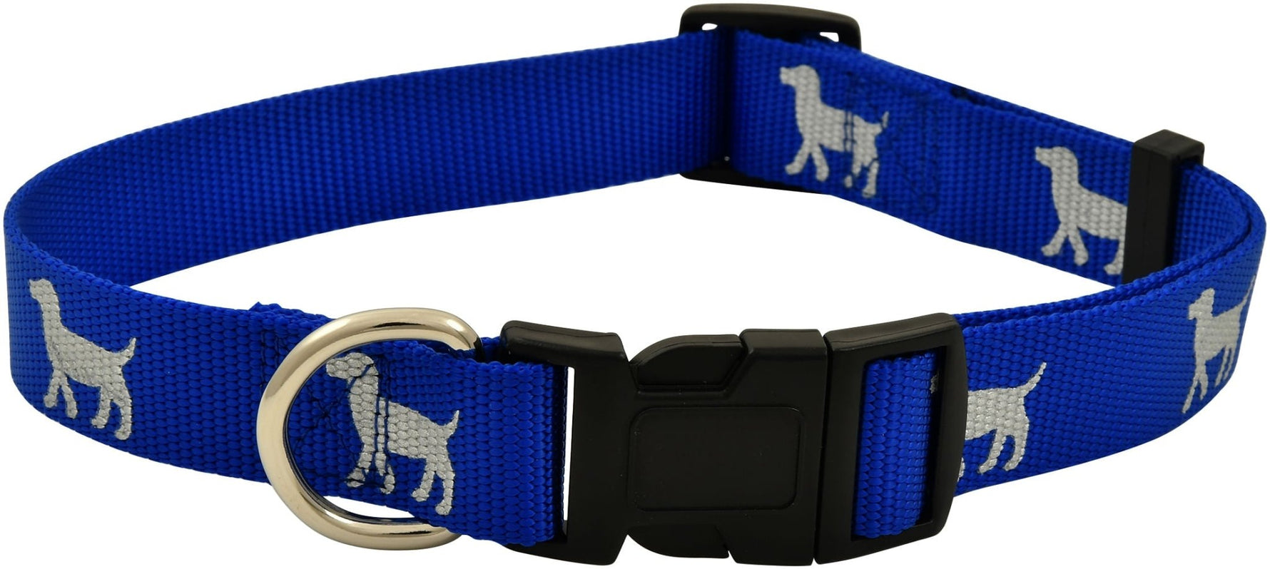 Blue reflective nylon dog collar with dog silhouette accents and black buckle