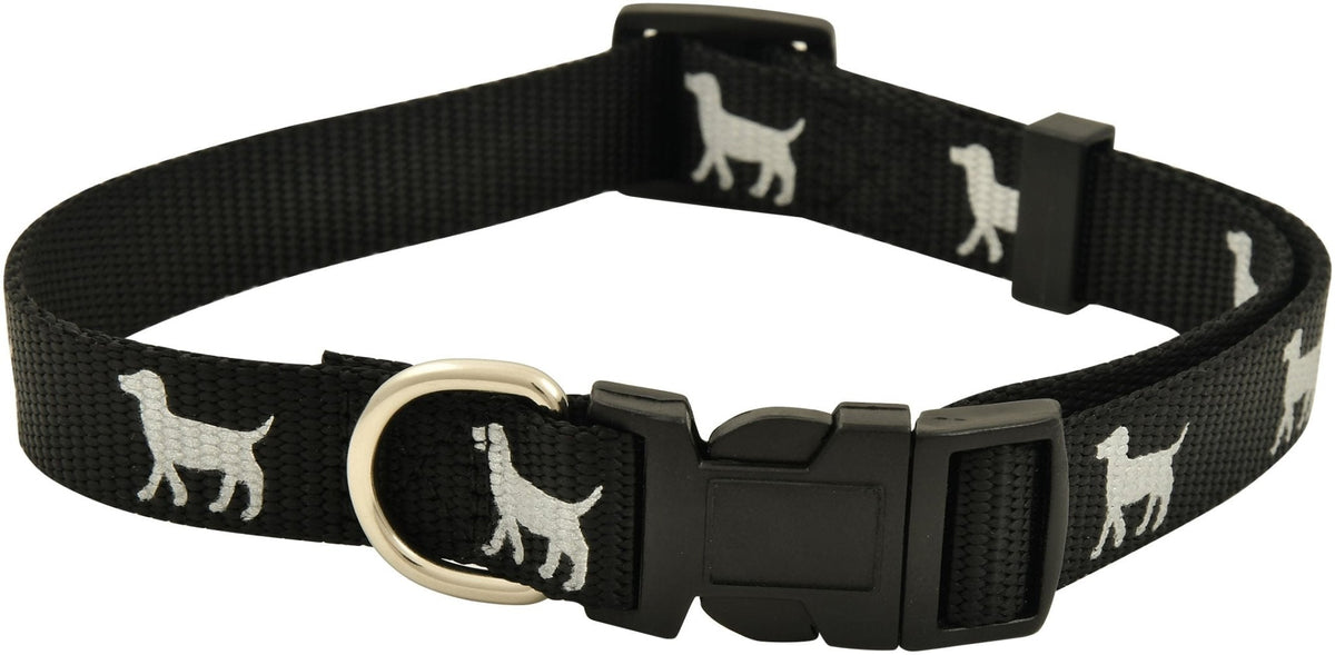 Black reflective nylon dog collar with dog silhouette accents, black buckle