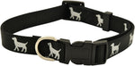 Black reflective nylon dog collar with dog silhouette accents, black buckle