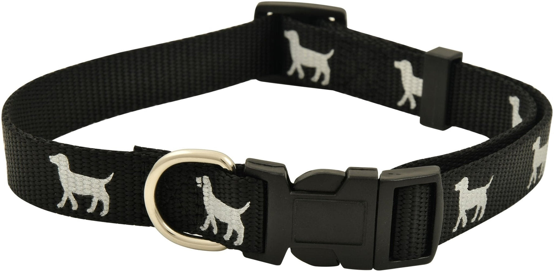 Black reflective nylon dog collar with dog silhouette accents, black buckle
