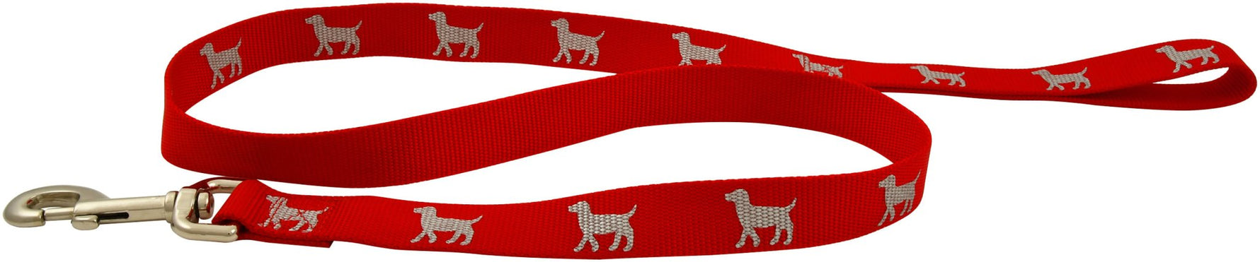 Reflective nylon dog leash, red with dog icon pattern and gold clasp