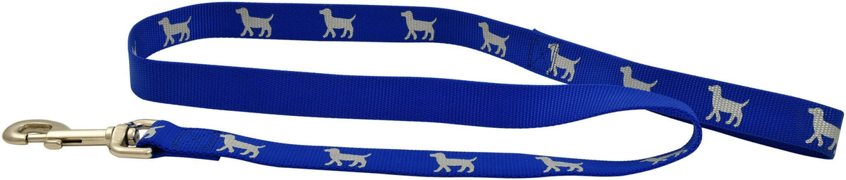 Reflective nylon dog leash, blue with dog icon pattern and gold clasp