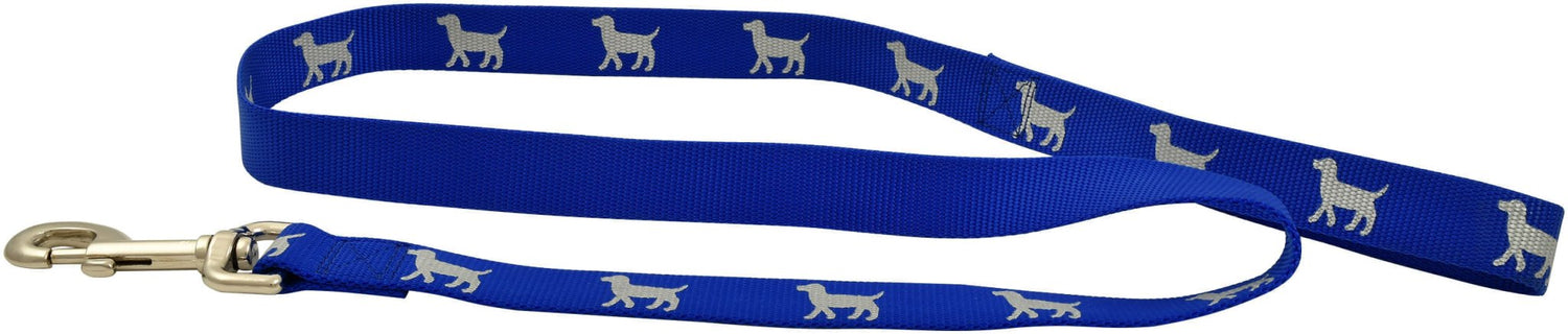 Reflective nylon dog leash, blue webbing with dog icons and gold clasp
