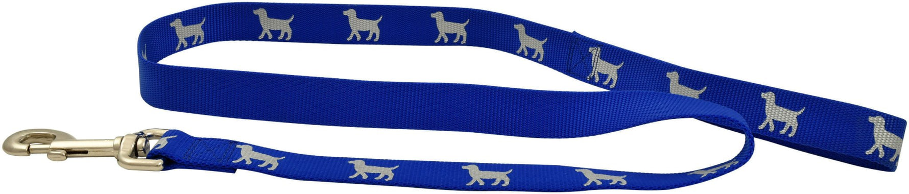 Reflective nylon dog leash, blue with dog icon pattern and gold clasp