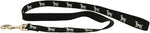 Reflective nylon dog leash, black with dog icon pattern and gold clasp