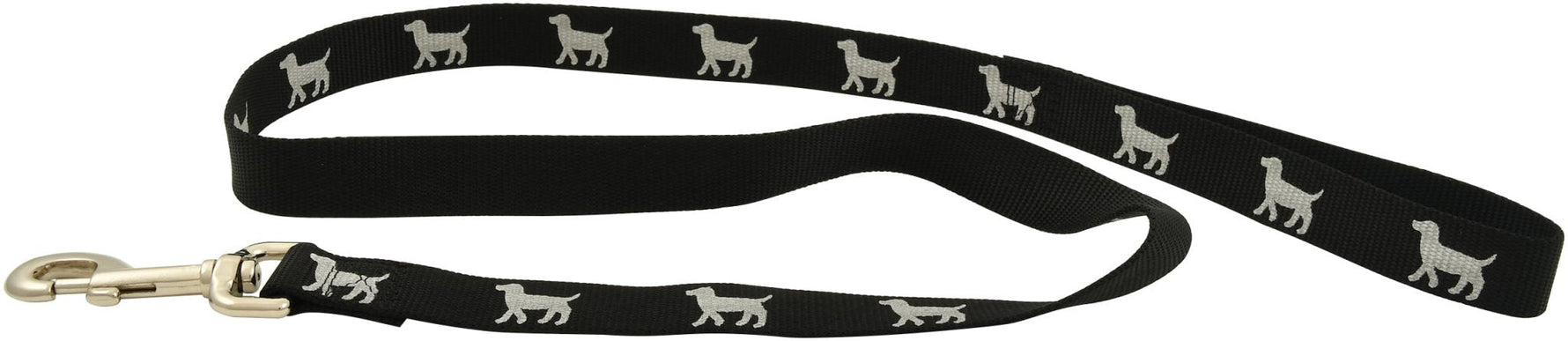 Reflective nylon dog leash, black with dog icon pattern and gold clasp