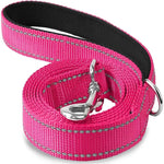 Reflective pet leash in bright pink with black edging and metal clasp, coiled