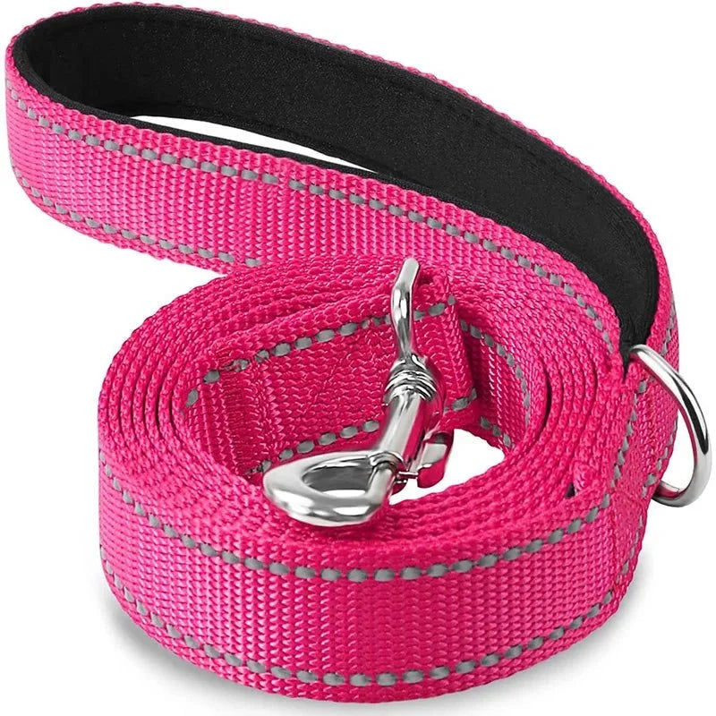 Reflective pet leash in bright pink with black edging and metal clasp, coiled