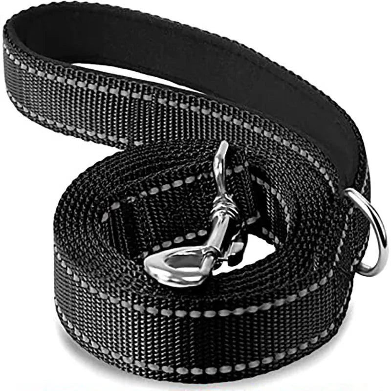 Reflective pet leash in black with gray stitching and metal clasp, coiled