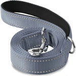 Light blue pet leash with swiveling metal hook and black-backed webbing, coiled