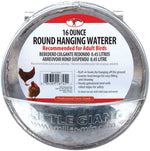 Round hanging chicken waterer, galvanized metal with front label and attachment hooks