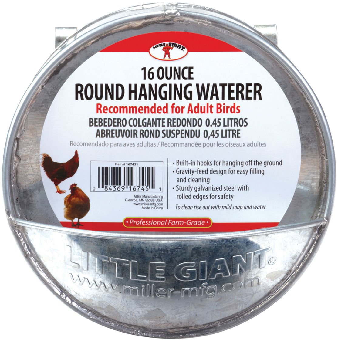Round hanging chicken waterer, galvanized metal with front label and attachment hooks