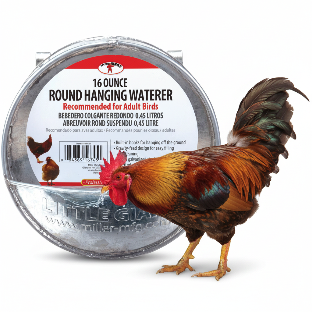 Galvanized round hanging chicken waterer with metal hooks and front label