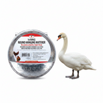 Galvanized round hanging waterer with metal hooks beside a white swan