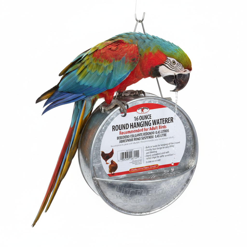 Round hanging chicken waterer with metal hooks, with a colorful parrot perched