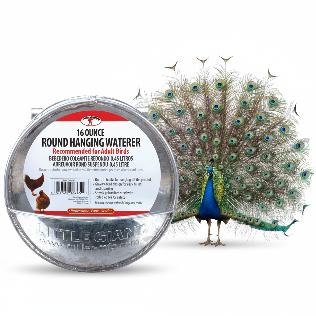 Galvanized round hanging chicken waterer with metal hooks near a peacock
