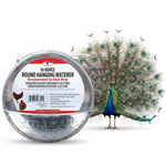 Galvanized round hanging chicken waterer with metal hooks near a peacock